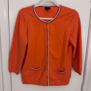 Womens Talbots Petite Orange/Navy/White Pima Cotton 3/4 Sleeve Cardigan Large-P